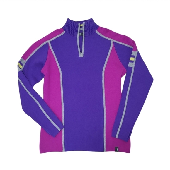 90s-Inspired Merino Wool Ski Sweater 1/4 Zip Color-Block Size Large - Picture 9 of 11